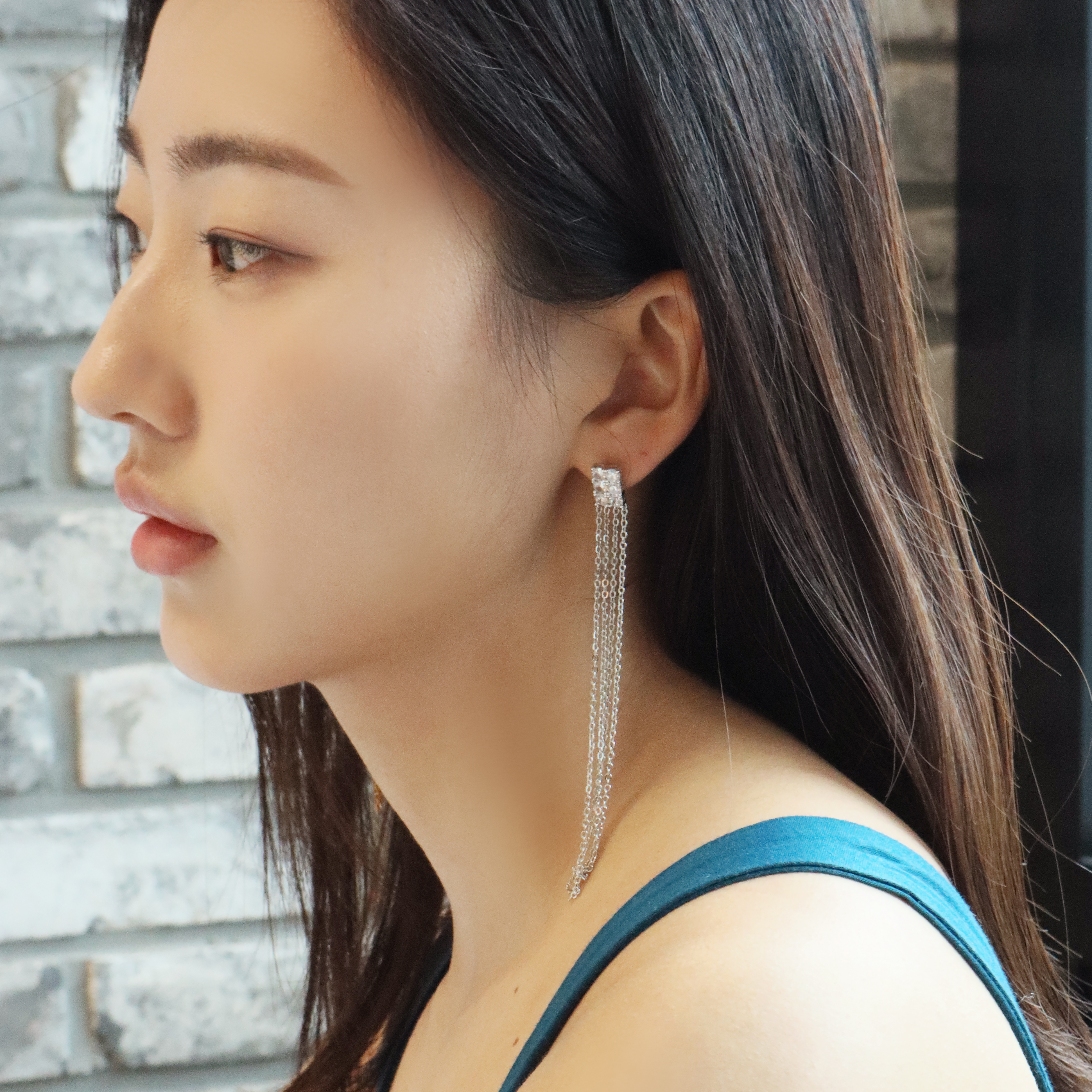 스퀘어 큐빅 체인 드롭 귀걸이 심플 데일리 롱 이어링 - 상세 이미지 2