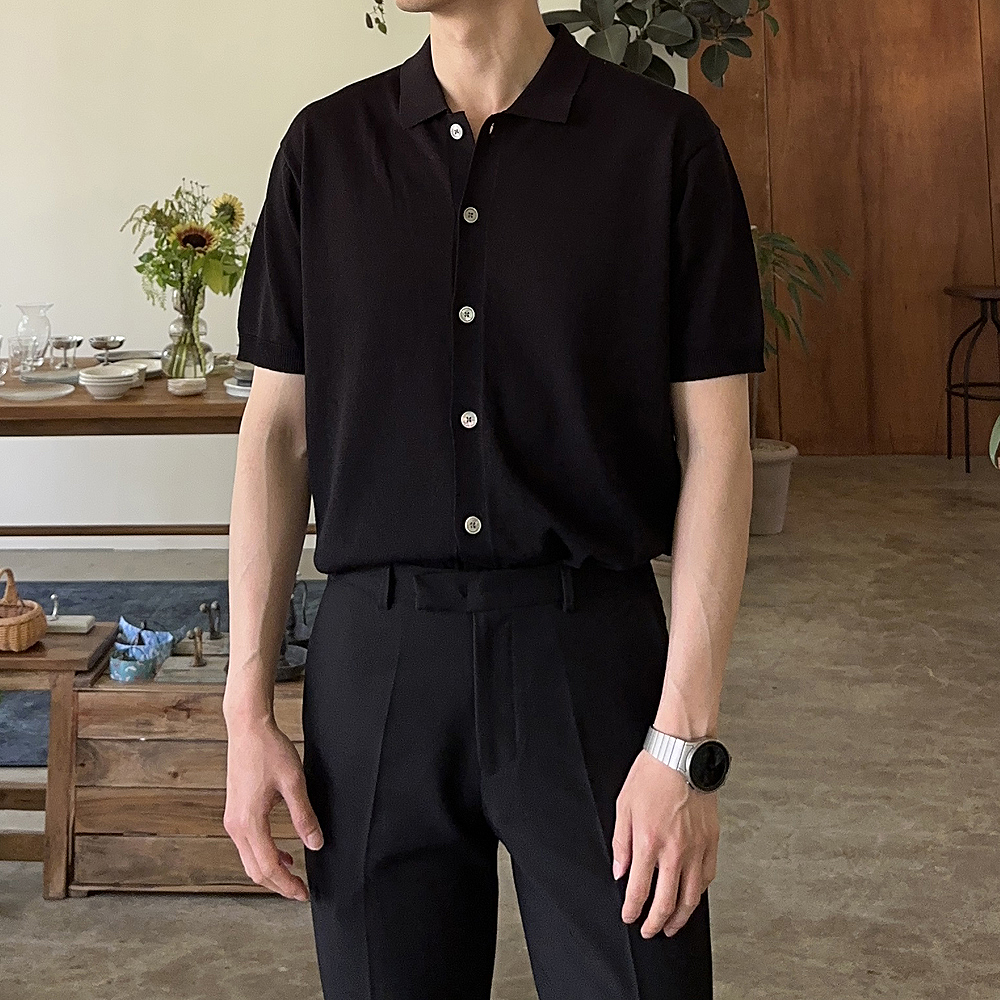 남자 반팔니트 오버핏 카라 린넨 여름 니트 남성 반팔티