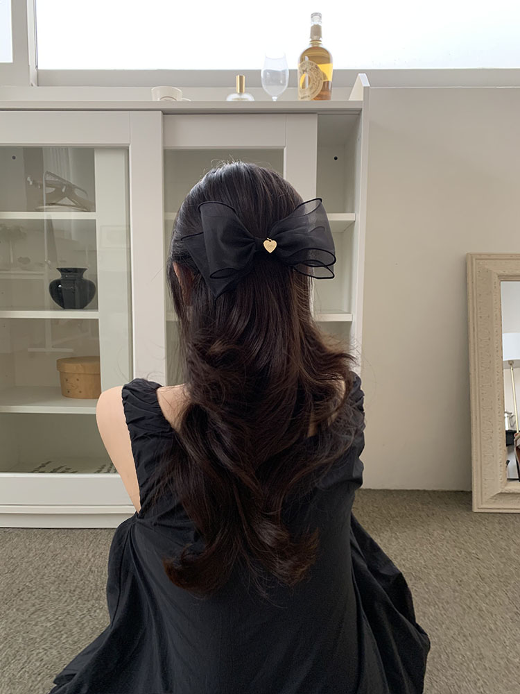 [자체제작] 매트 오간디 헤어클립 - 하트 블랙리본 오간자 반묶음 올림머리 핸드메이드 리본핀 - 상세 이미지 2
