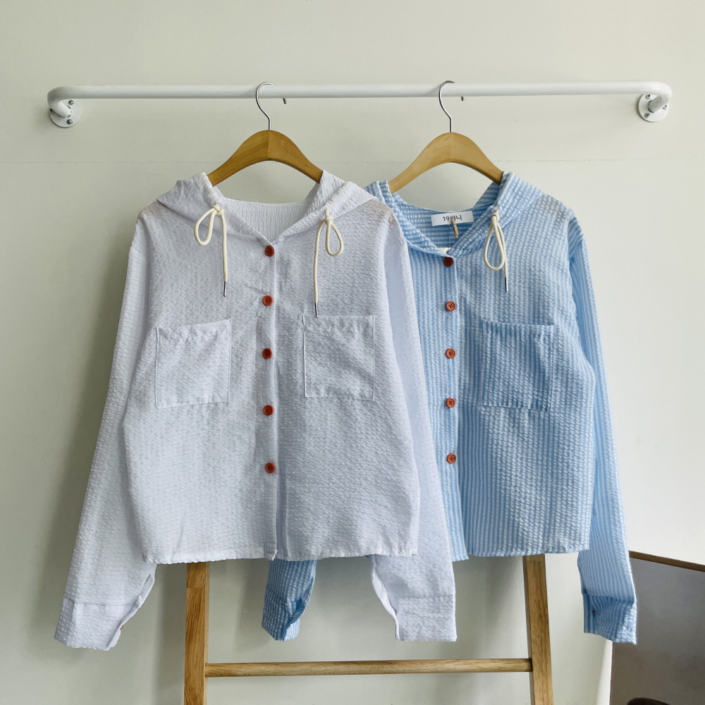 여름 지지미 긴필셔츠 시어서커 후드 스트라이프 세미크롭 남방 자켓