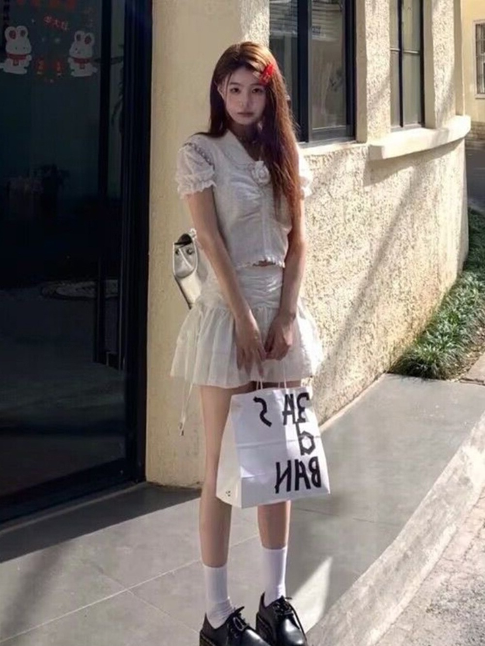 프릴 반팔 블라우스 플레어 스커트 코디 세트 첫사랑 여친룩 발레코어 봄 여름 화이트 - 상세 이미지 3