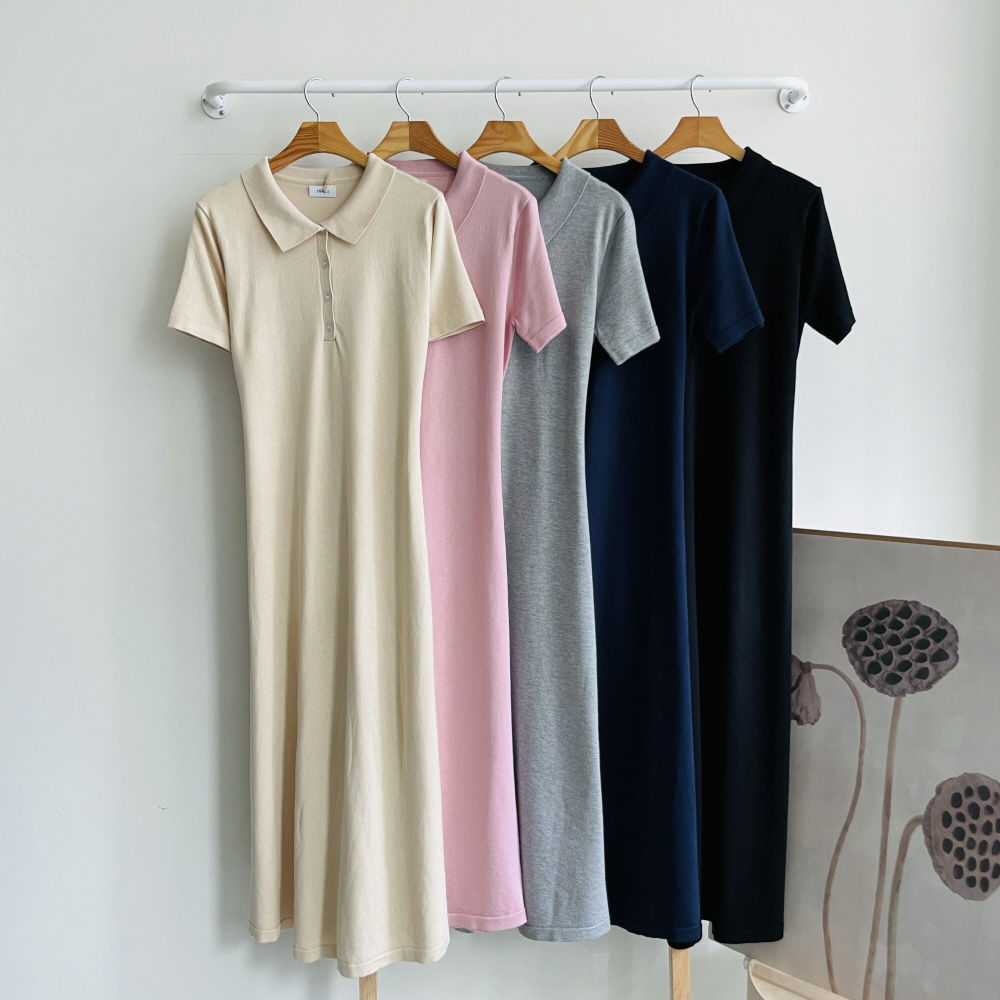 여름 니트 롱원피스 여성 카라 피케이 A라인 허리끈 반팔 원피스