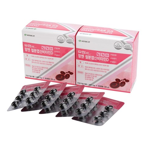 유한메디카 맘엔 철분 엽산 비타민D 임산부 철분제 햄철 영양제 60캡슐, 2개