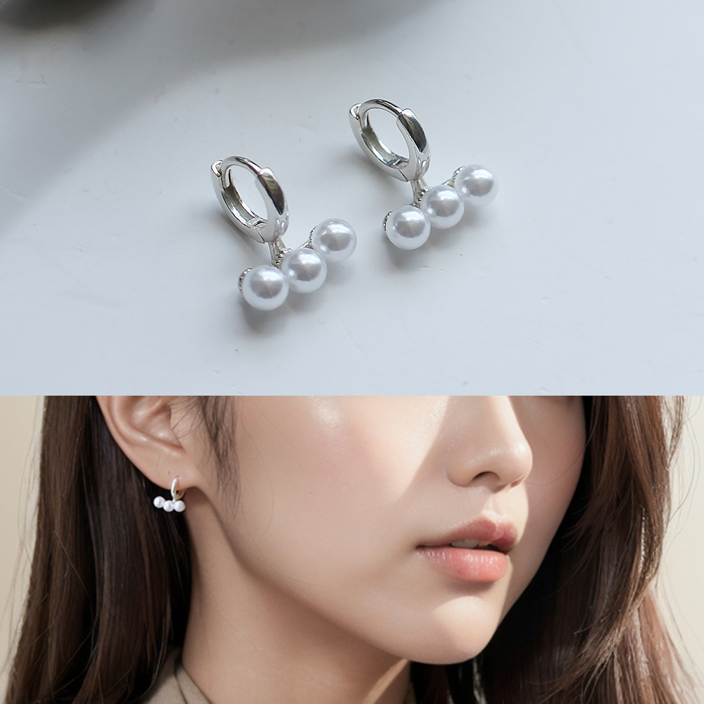 925실버 트리플 진주 원터치 링 귀걸이 - 상세 이미지 3