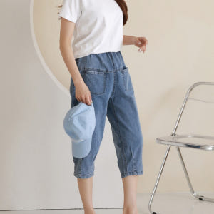 배기청바지 키작녀청바지 여름 핀턱 7부 고무줄 데님팬츠 착용 후기 | 사이즈/핏 총정리 - 상품 이미지 4