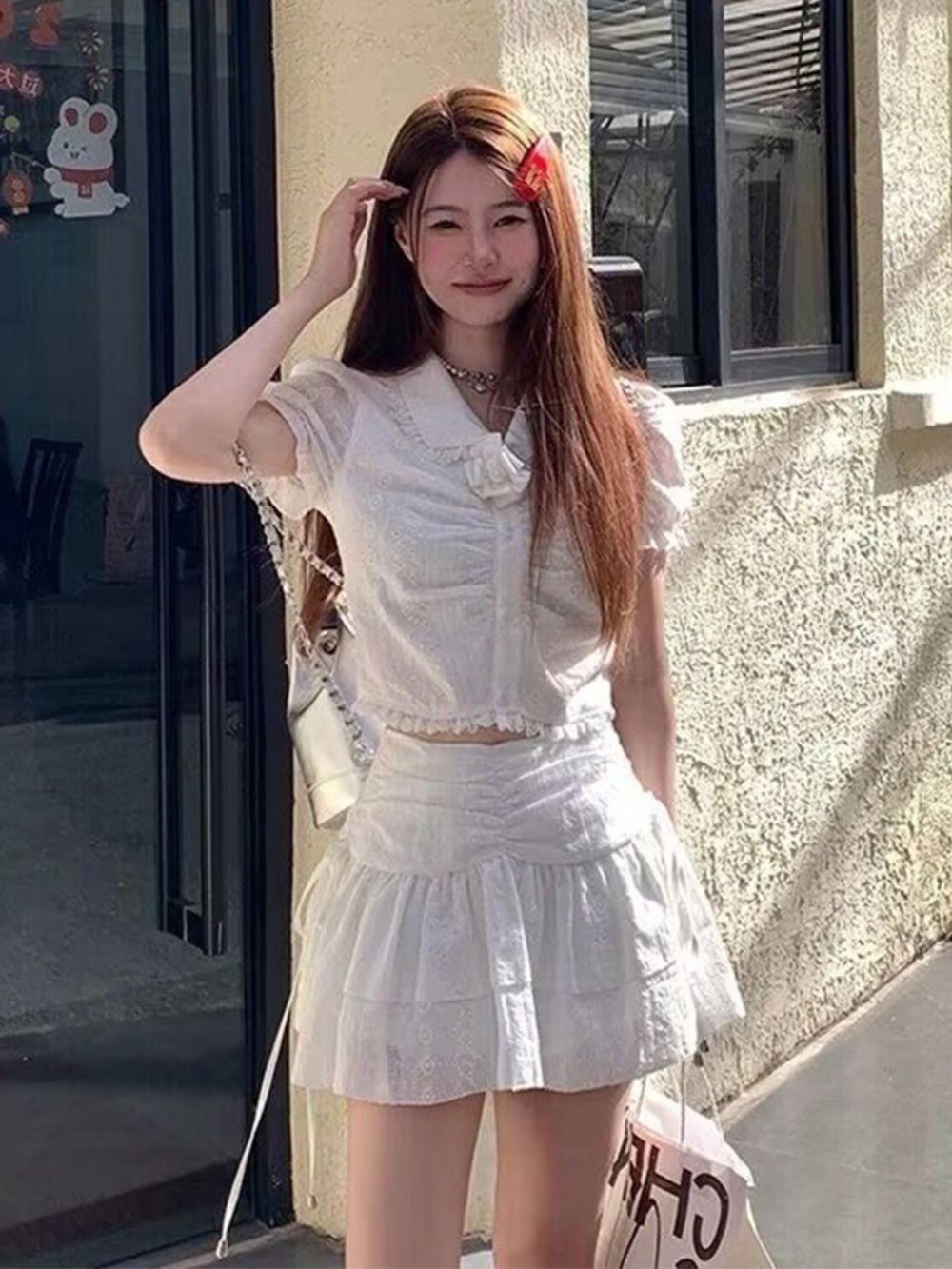 프릴 반팔 블라우스 플레어 스커트 코디 세트 첫사랑 여친룩 발레코어 봄 여름 화이트 - 상세 이미지 4