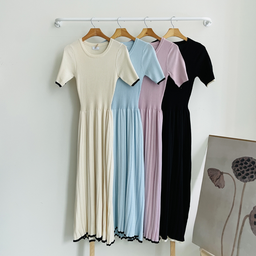 여름 여성 니트 맥시 롱원피스 골지 플리츠 주름 A라인 반팔 원피스
