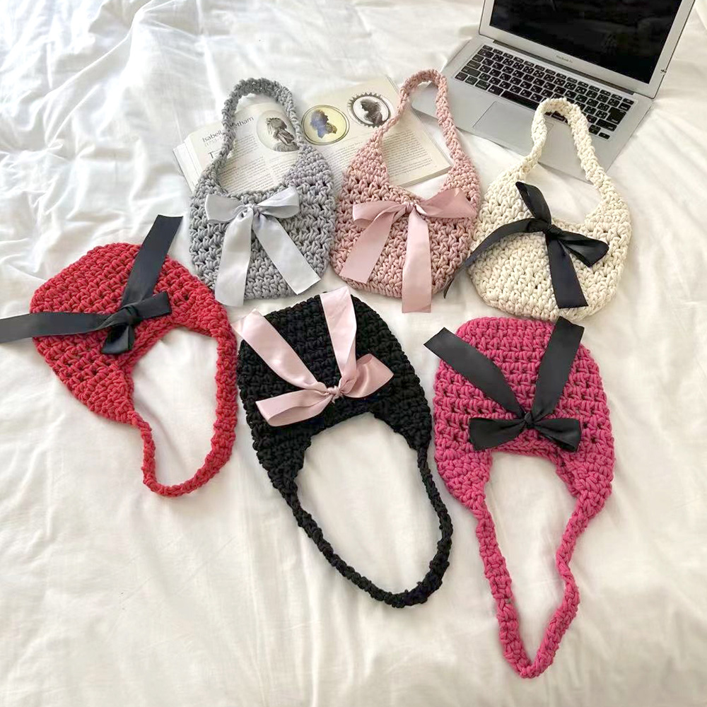 여성스러운 니트 미니 숄더백 뜨개 네트 그물 라운드 리본 바게트백 6color 이미지 6