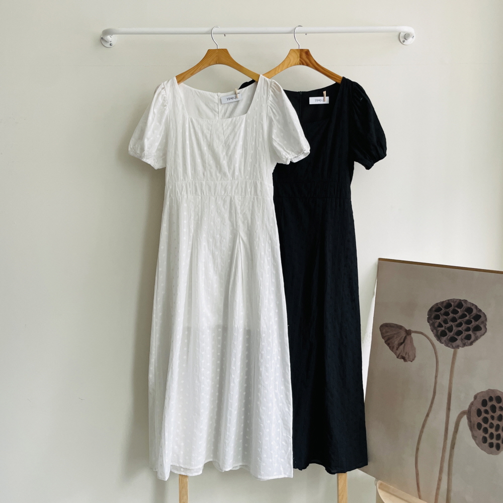 펀칭 아일렛원피스 플라워 자수 스퀘어넥 퍼프 여름 반팔 롱원피스