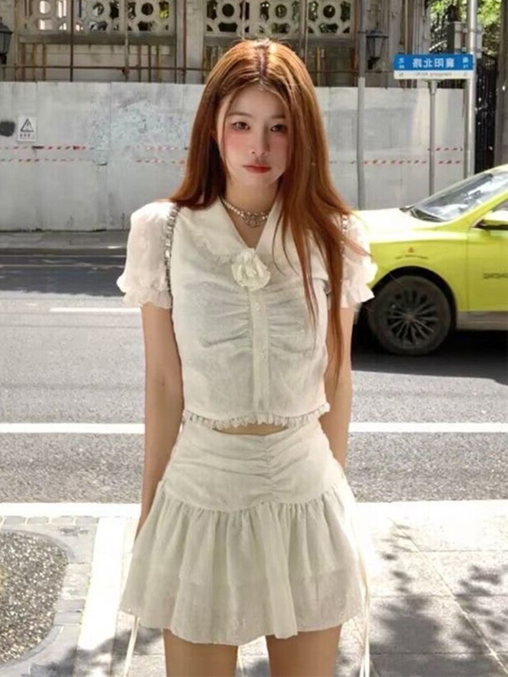 프릴 반팔 블라우스 플레어 스커트 코디 세트 첫사랑 여친룩 발레코어 봄 여름 화이트 - 상세 이미지 5