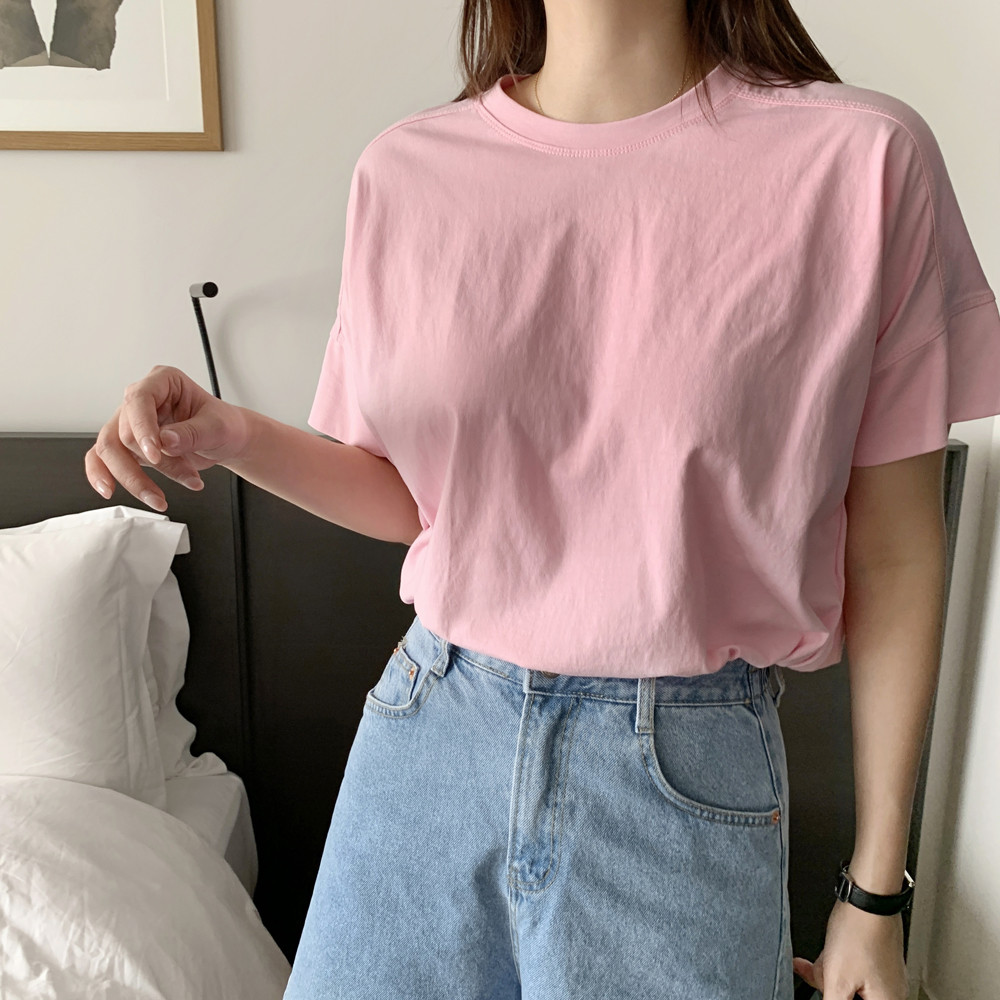 오버핏 절개 여름 여성 티셔츠 코튼 라운드 레이어드 이너 티샤츠 썸머 여자 반팔티 핑크