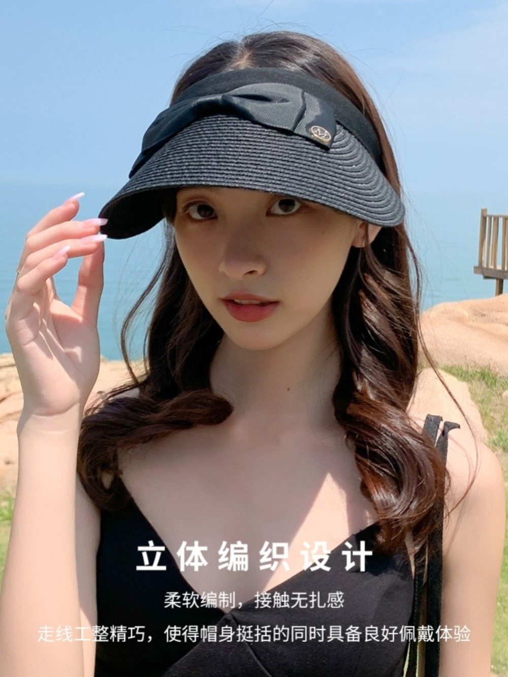 리본 라탄 선캡 예쁜 공주풍 디자인 햇빛 자외선 차단 휴양지 여행 5컬러 - 상세 이미지 3