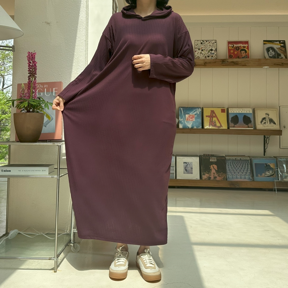 빅사이즈 자체제작 스판 와이드 골지 후드 맥시 롱 원피스 봄 가을 긴팔 박시루즈핏 딥퍼플