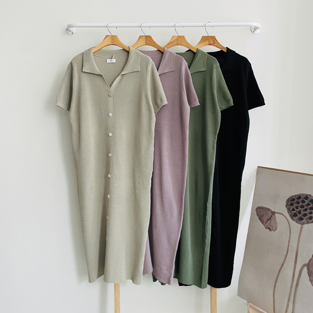 여름 니트 롱원피스 니주 카라 브이넥 골지 반팔 원피스