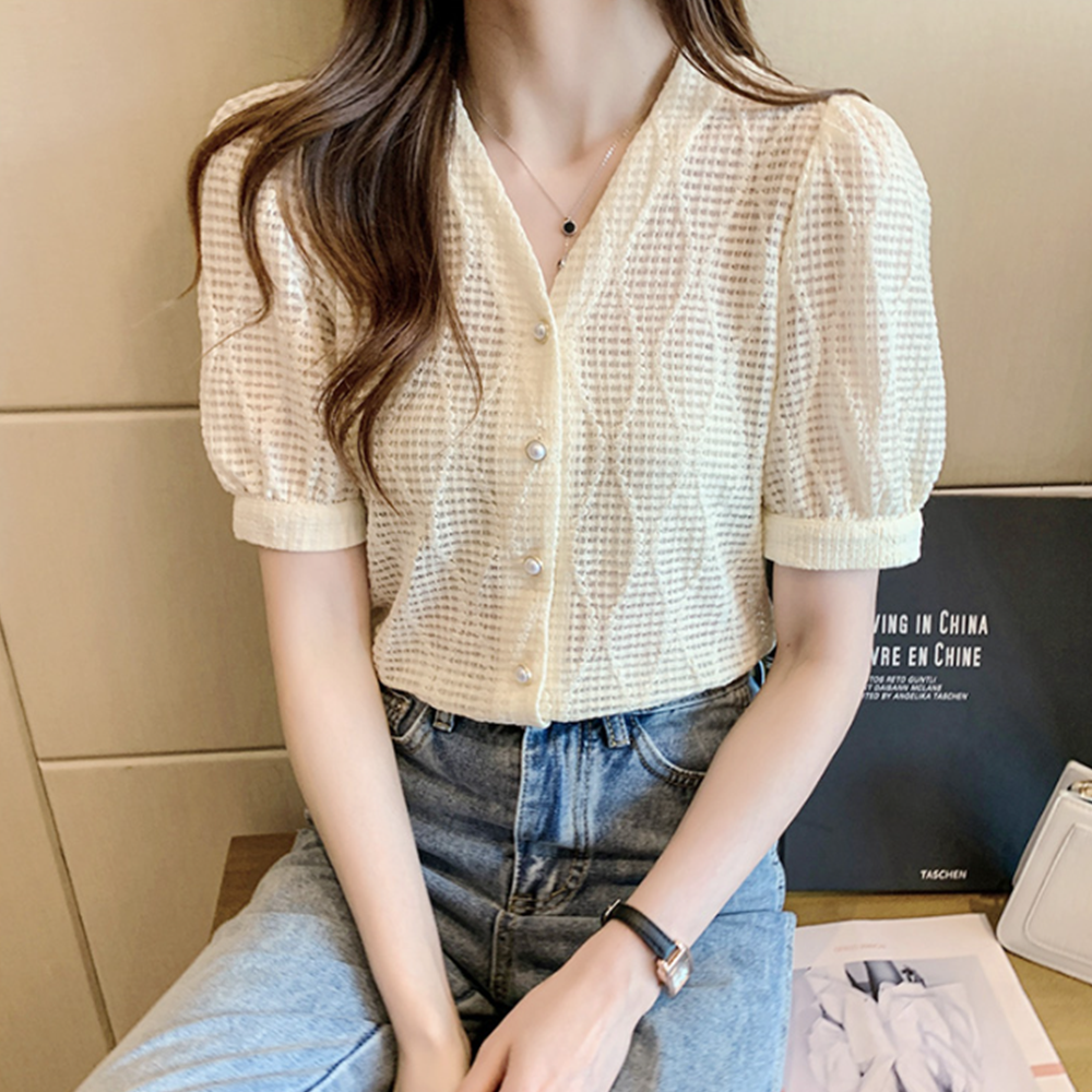 예식장옷차림 결혼식하객룩 어깨퍼프 여름 셔링반팔블라우스 - 메인 이미지