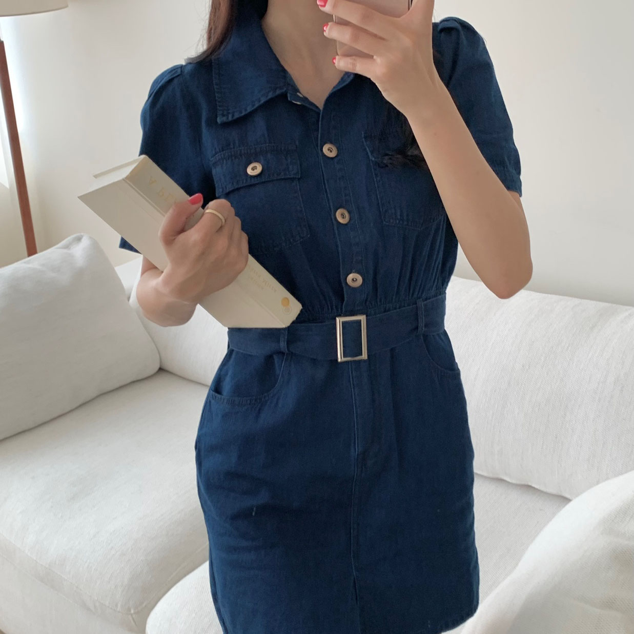 러블리해라 여름 데일리 미니 트임 벨트 데님원피스 - 상세 이미지 5
