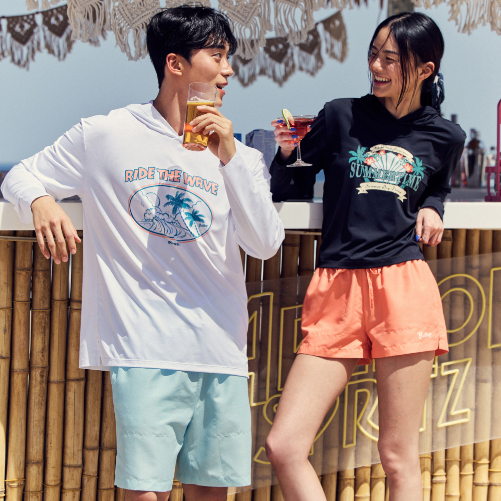 밸롭 여성 서피 후드 크롭 래쉬가드+여성 서피 워터팬츠 남성 여성 비치웨어 커플 빅사이즈 수영복 - 상품 이미지