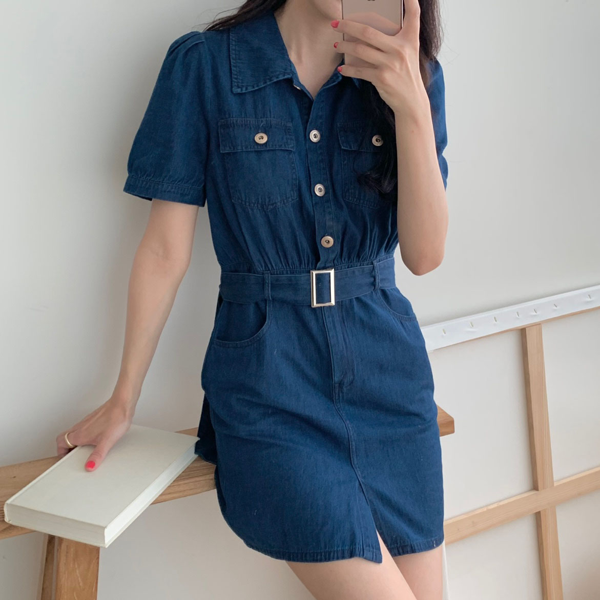러블리해라 여름 데일리 미니 트임 벨트 데님원피스 이미지 7