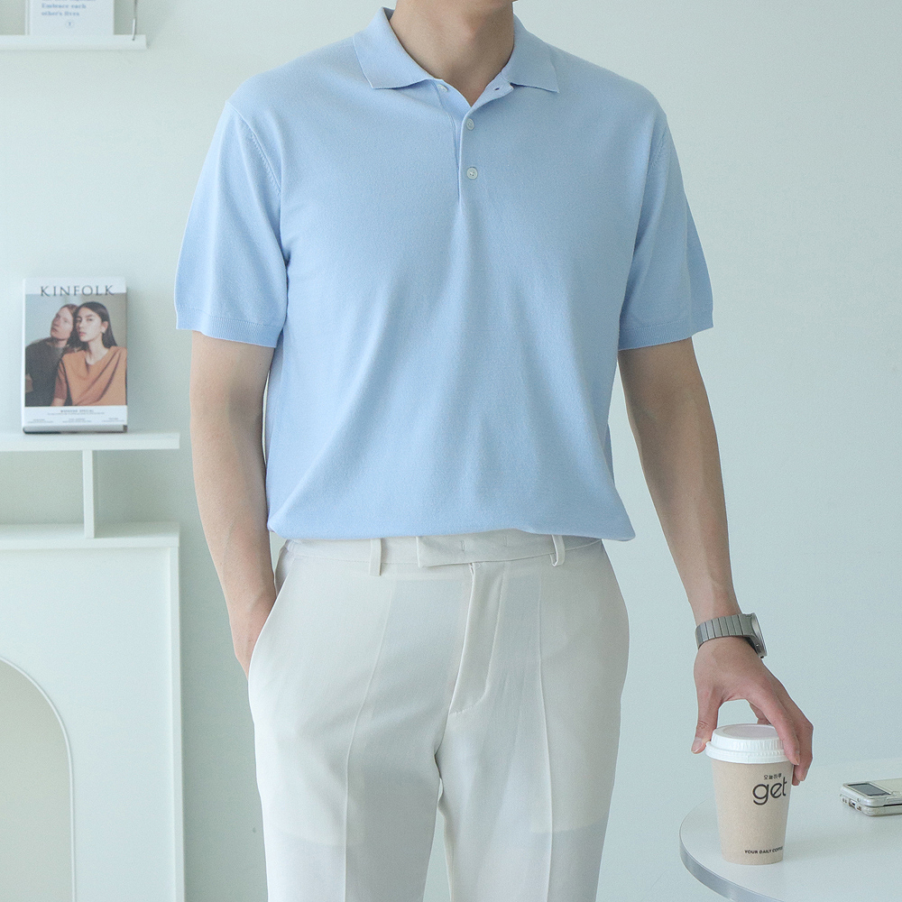 남자 반팔니트 머슬핏 오버핏 헨리넥 여름 카라 반팔 니트 이미지 8
