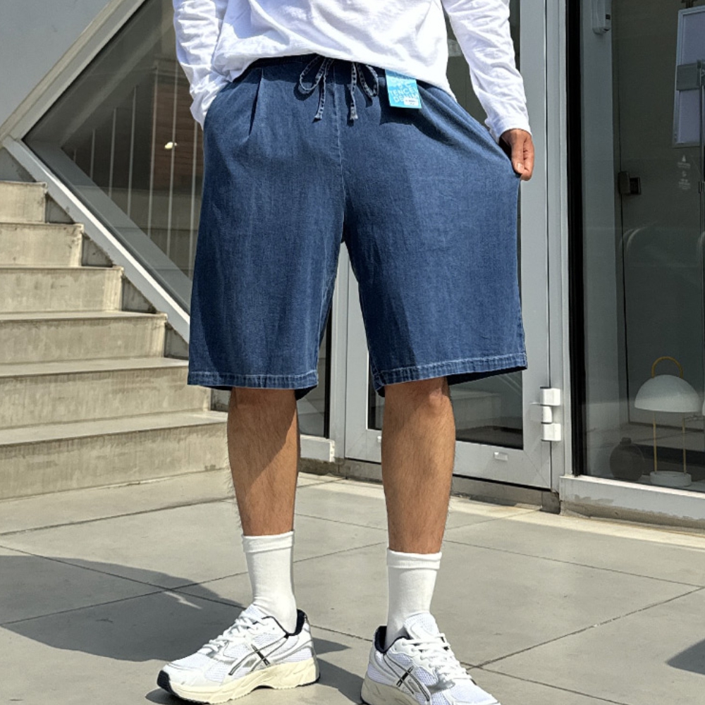 남자 보스키 2타입 여름 아이스 텐셀 핀턱 밴딩 5부 데님 반바지 - 상세 이미지 3