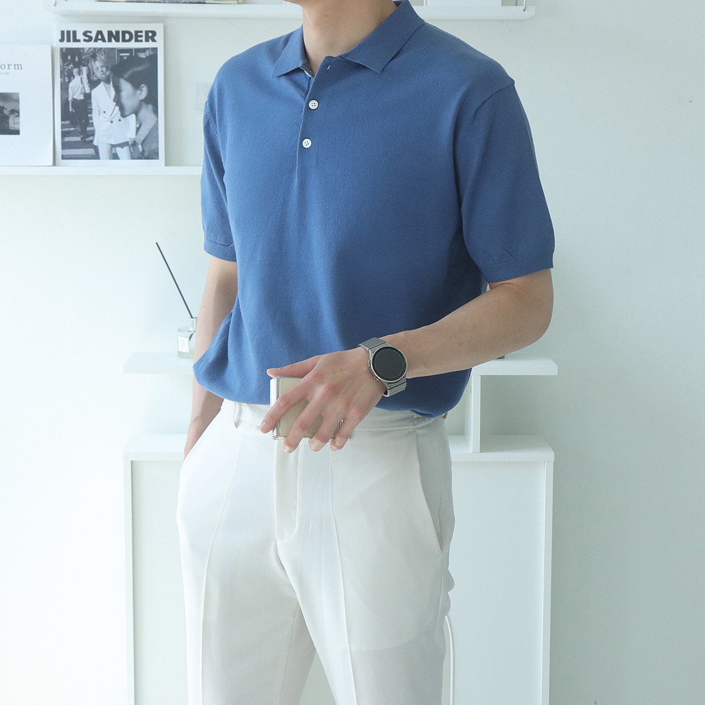 남자 반팔니트 머슬핏 오버핏 헨리넥 여름 카라 반팔 니트 이미지 7