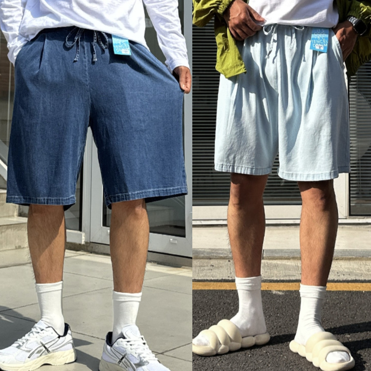 남자 보스키 2타입 여름 아이스 텐셀 핀턱 밴딩 5부 데님 반바지