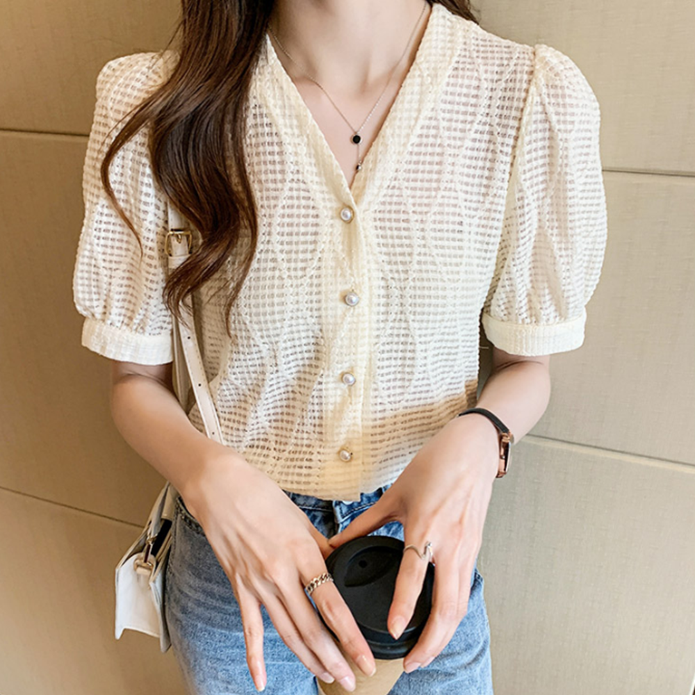 예식장옷차림 결혼식하객룩 어깨퍼프 여름 셔링반팔블라우스 - 상세 이미지 3