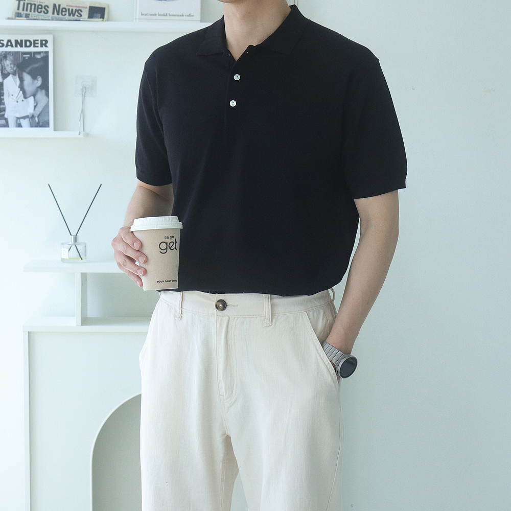 남자 반팔니트 머슬핏 오버핏 헨리넥 여름 카라 반팔 니트 - 상세 이미지 2