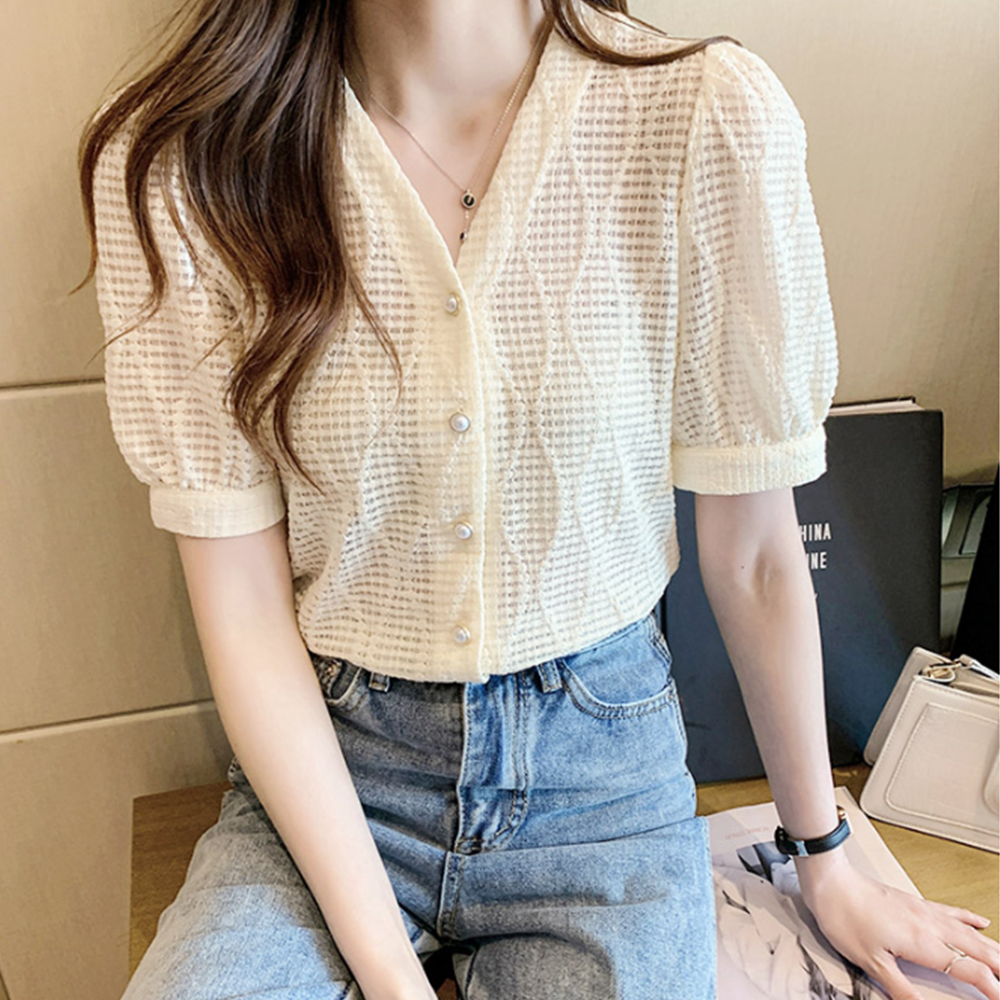 예식장옷차림 결혼식하객룩 어깨퍼프 여름 셔링반팔블라우스 - 상세 이미지 4