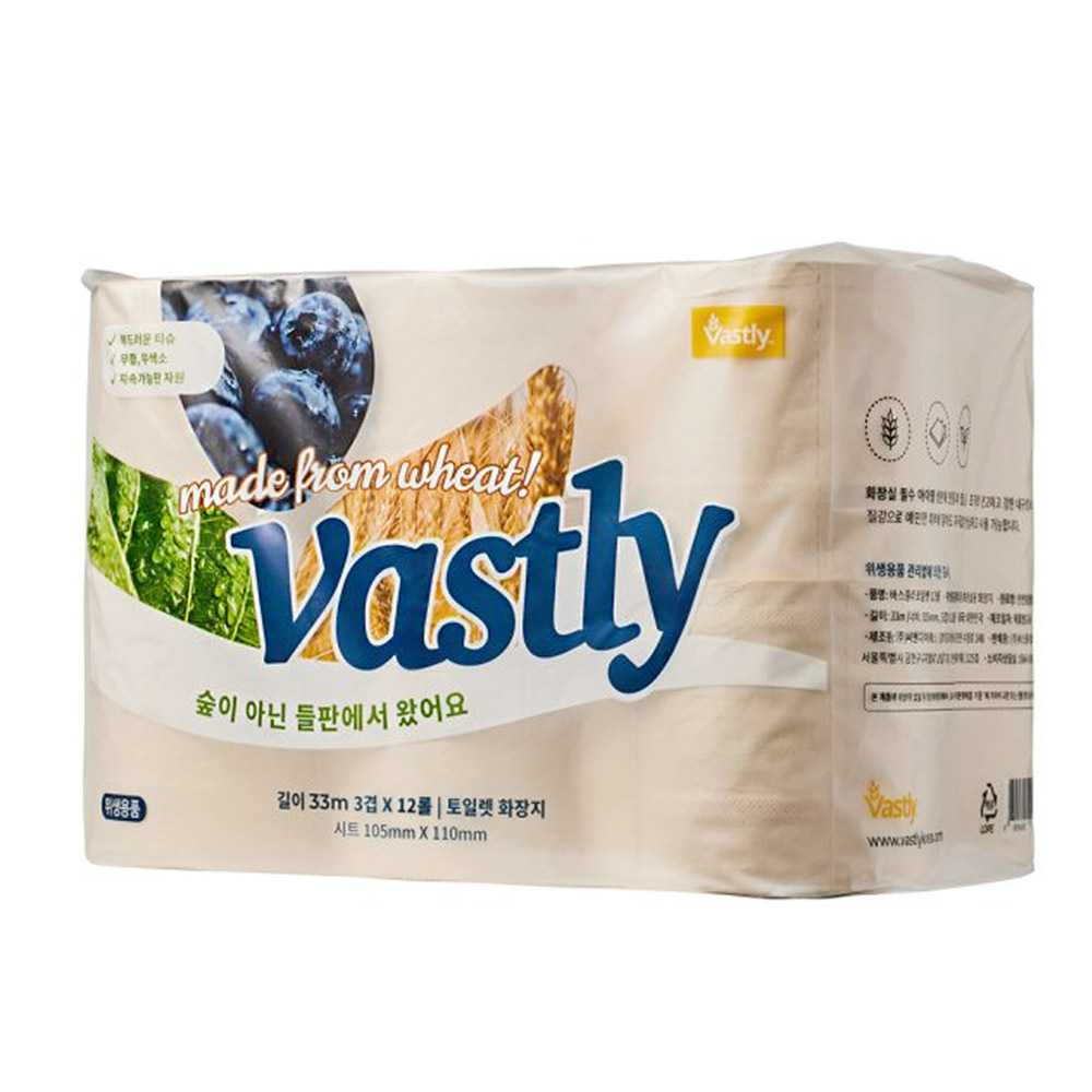바스틀리 친환경 3겹 토일렛롤 33m 12롤 먼지 없는 두루마리 화장지 휴지 - 상품 이미지