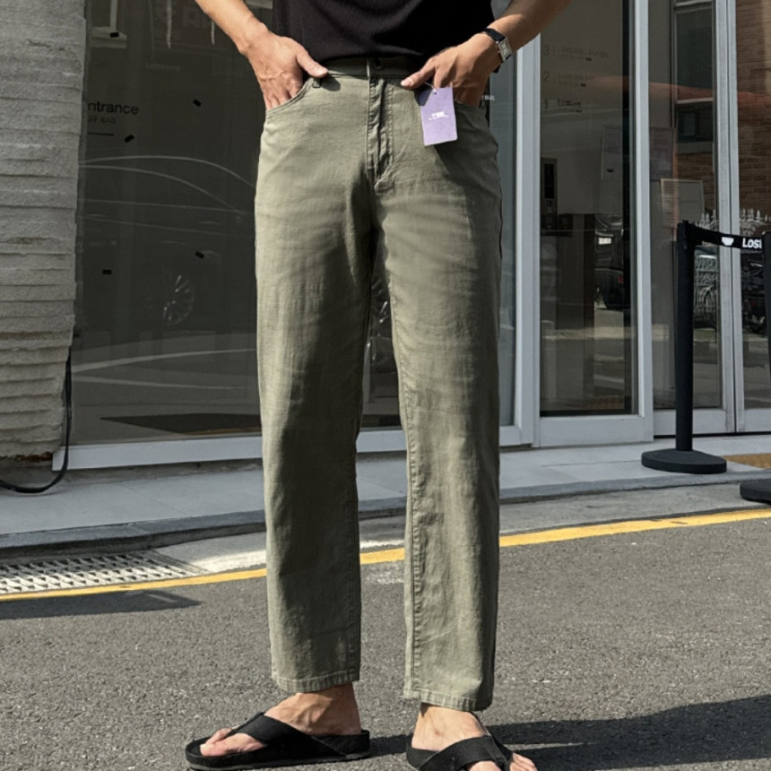 남자 라그 여름 아이스 쿨 린넨 일자 스판 히든밴딩 면바지