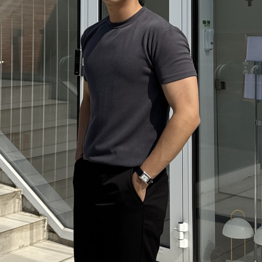 1+1 남자 스보 머슬핏 여름 자가드 스판 라운드 반팔티 - 상세 이미지 5