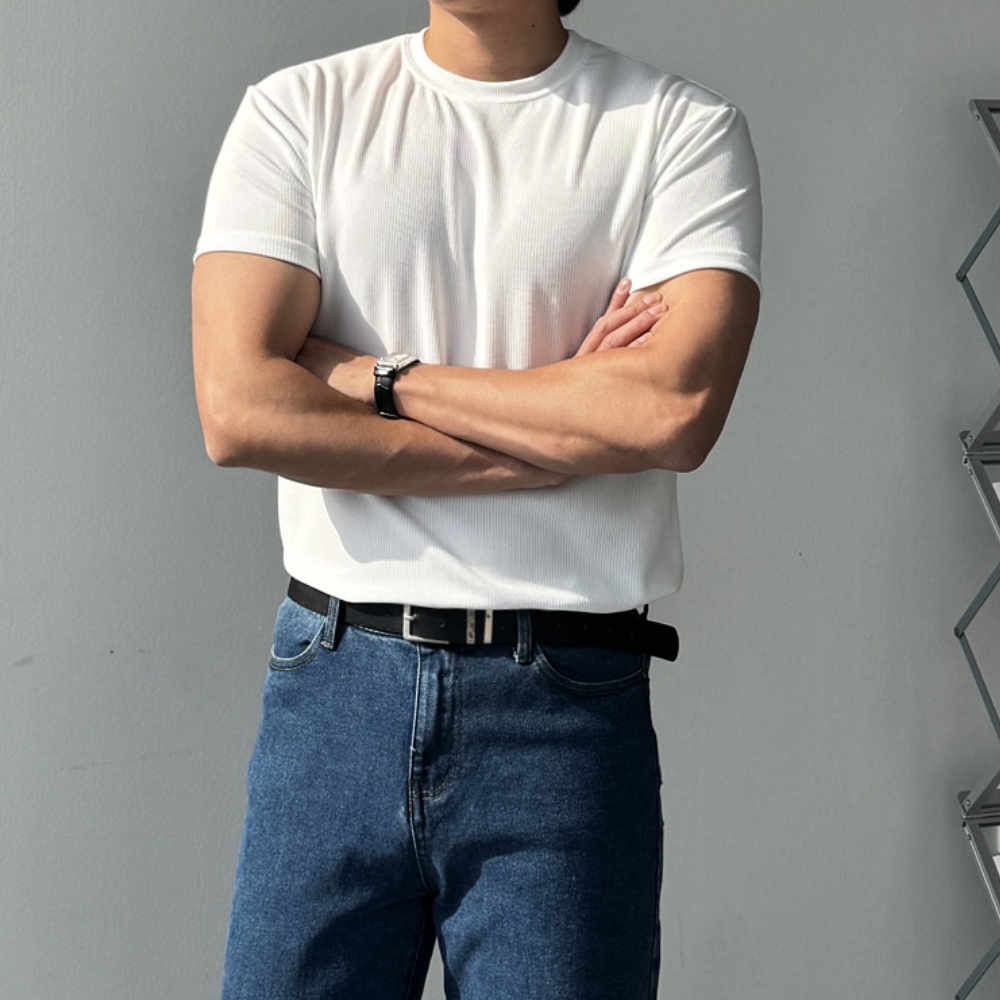 1+1 남자 스보 머슬핏 여름 자가드 스판 라운드 반팔티 - 상세 이미지 3