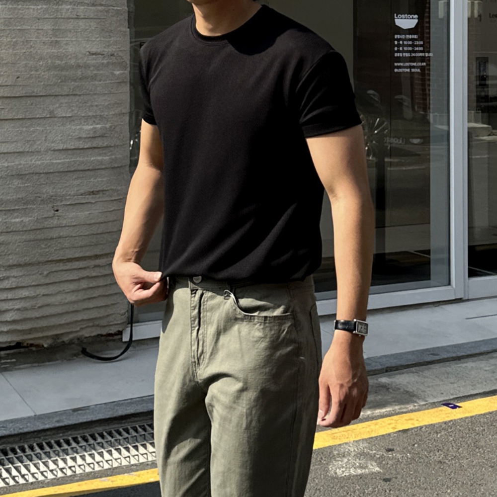 1+1 남자 스보 머슬핏 여름 자가드 스판 라운드 반팔티 - 상세 이미지 2