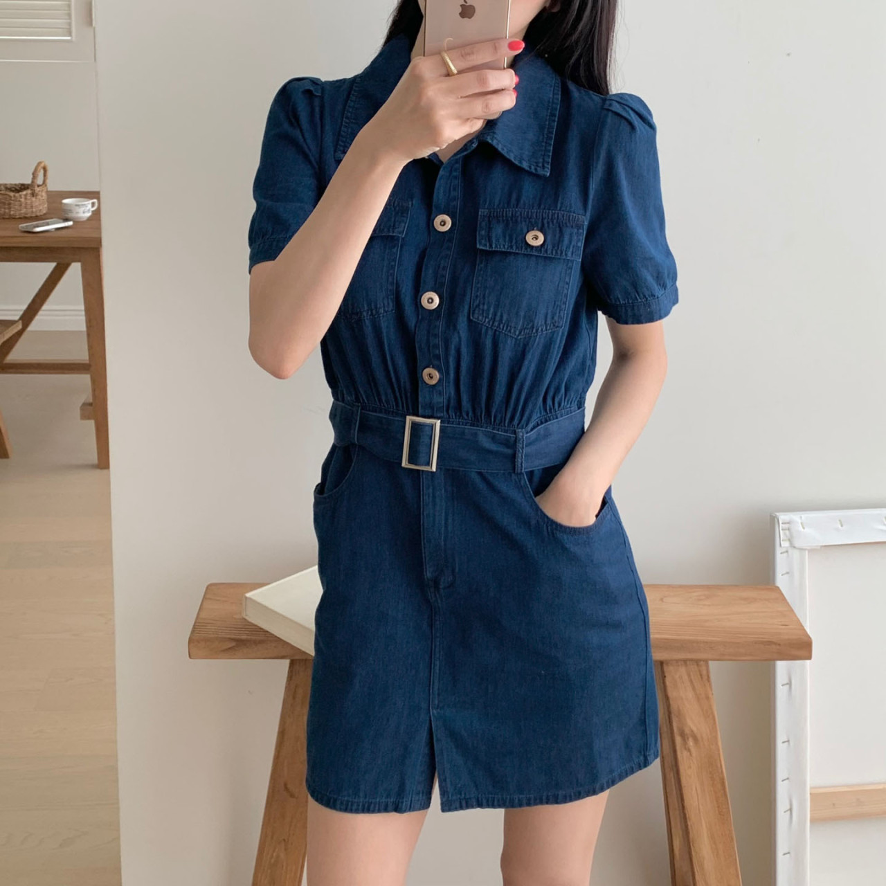 러블리해라 여름 데일리 미니 트임 벨트 데님원피스 - 상품 이미지