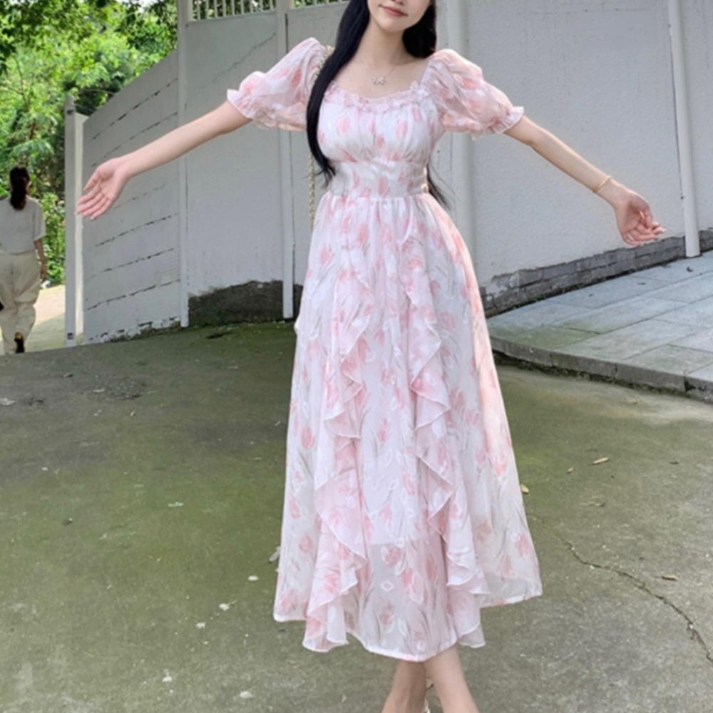 스퀘어넥 프릴 원피스 반팔 빅사이즈 꽃무늬 4XL 통통녀 패션 코디 휴양지 공주풍 핑크색 - 상품 이미지