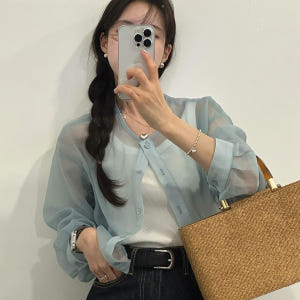 포팅 여름 얇은 시스루 라운드 노카라 밴딩 블라우스 착용 후기 | 사이즈/핏 총정리 - 상품 이미지 1