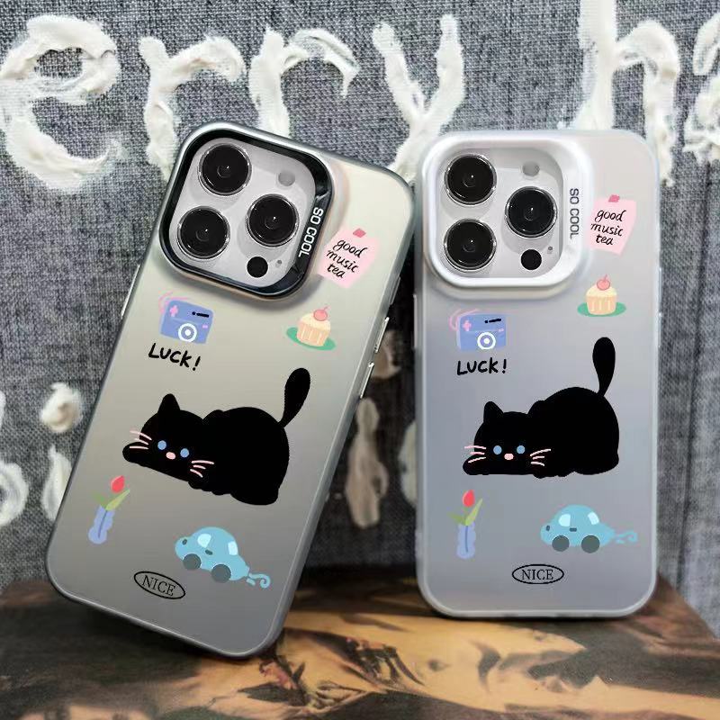 [2색] 카메라 블랙캣 카툰 캐릭터 애플 15plus 휴대폰 케이스 우정 커플 케이스 iPhone14 13 12 x/xr 호환 - 상품 이미지