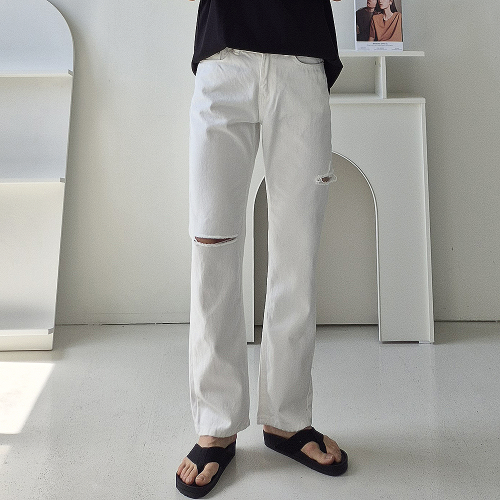 남자와이드청바지 흰색 화이트 찢청 남자 청바지