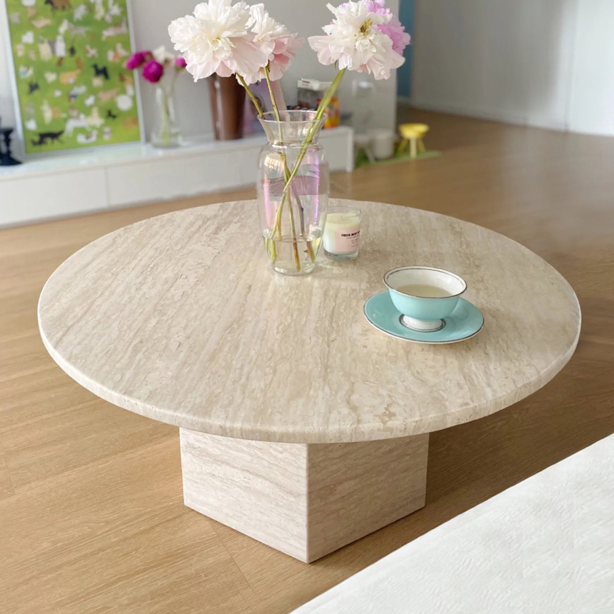 내추럴 트라버틴 스톤 대리석 라운드 커피 티테이블