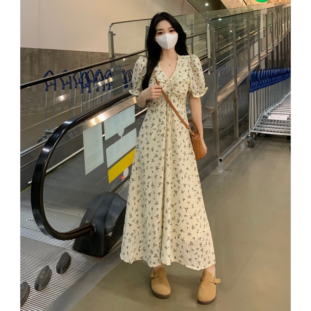 쉬폰 꽃무늬 원피스 빅사이즈 아이보리 옐로우 프릴 반팔 브이넥 셔링 - 상세 이미지 2