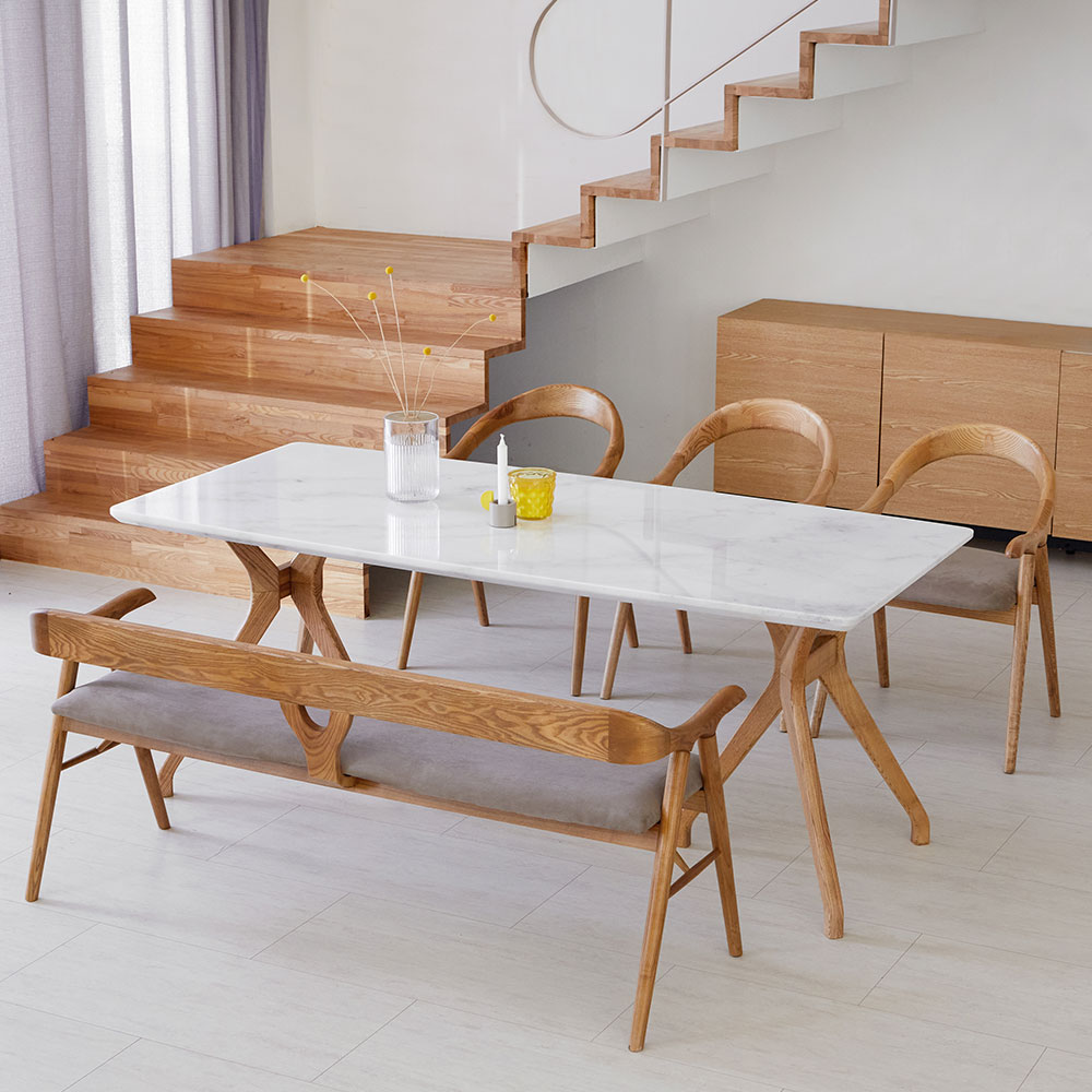 스코나 버튼스 비앙코 천연 대리석 애쉬원목 1800 6인 식탁세트(벤치1개+의자3개)