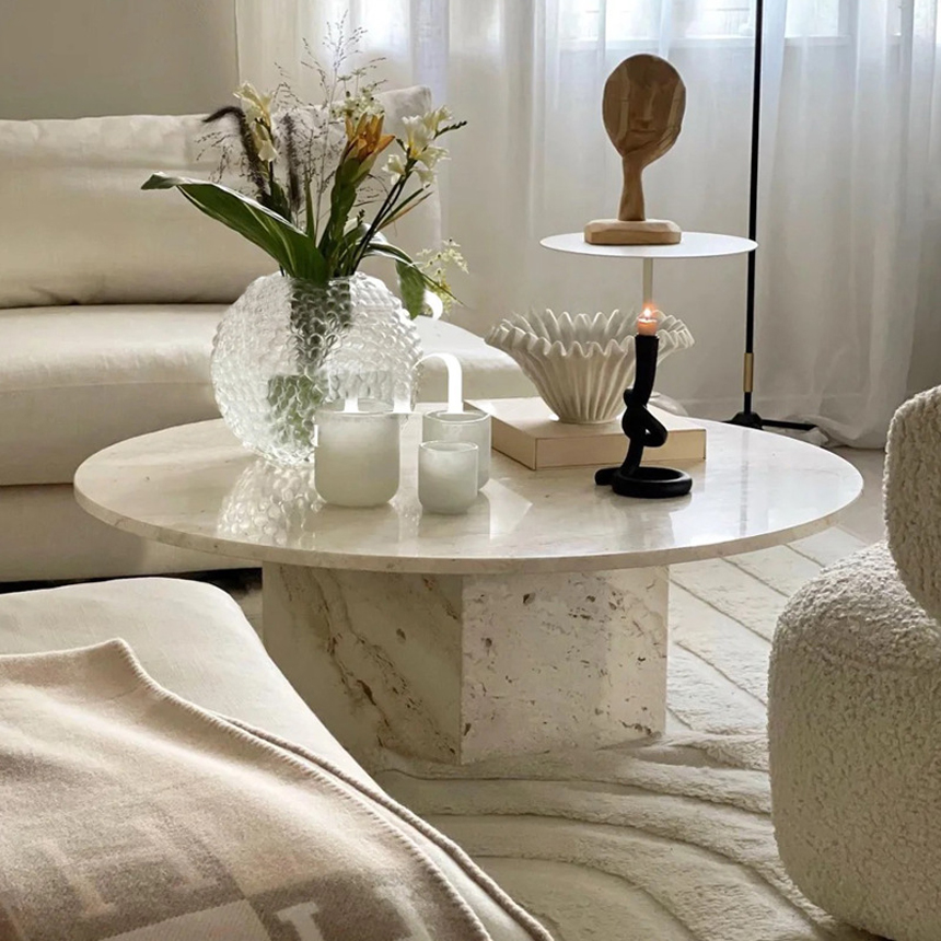 내추럴 트라버틴 스톤 대리석 라운드 커피 티테이블