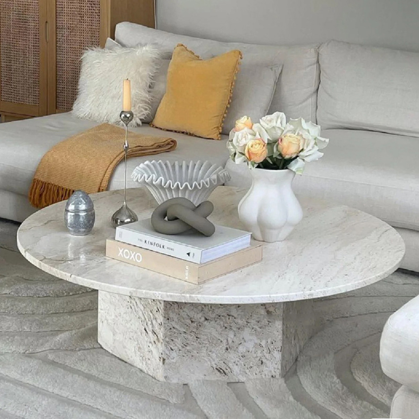 내추럴 트라버틴 스톤 대리석 라운드 커피 티테이블
