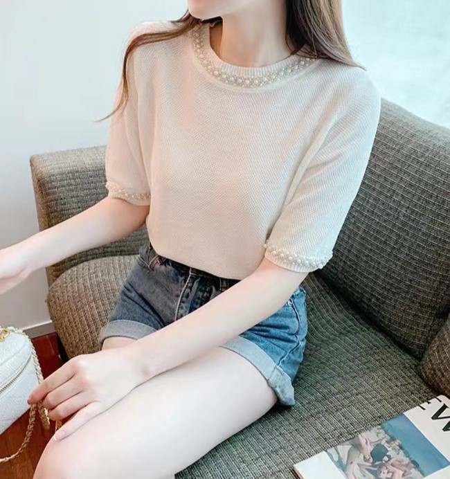 여자여자몰 넥진주 비즈소매라인 메쉬 반팔니트 여름 시원한니트티 오피스룩 - 상세 이미지 2