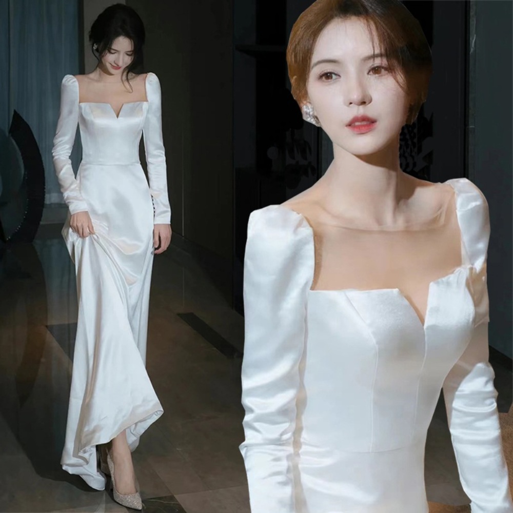 스퀘어넥 이브닝 드레스 원피스 셀프 스몰 웨딩 촬영 브라이덜샤워 고급 파티 원피스 화이트 - 상품 이미지