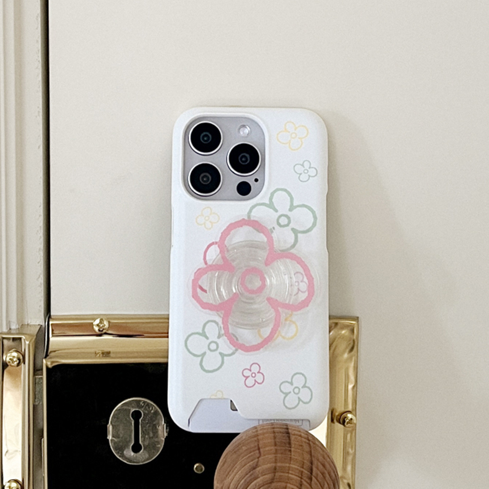 flower doodle pattern 아이폰 15pro 카드수납 하드 갤럭시 케이스 ivory - 상세 이미지 4