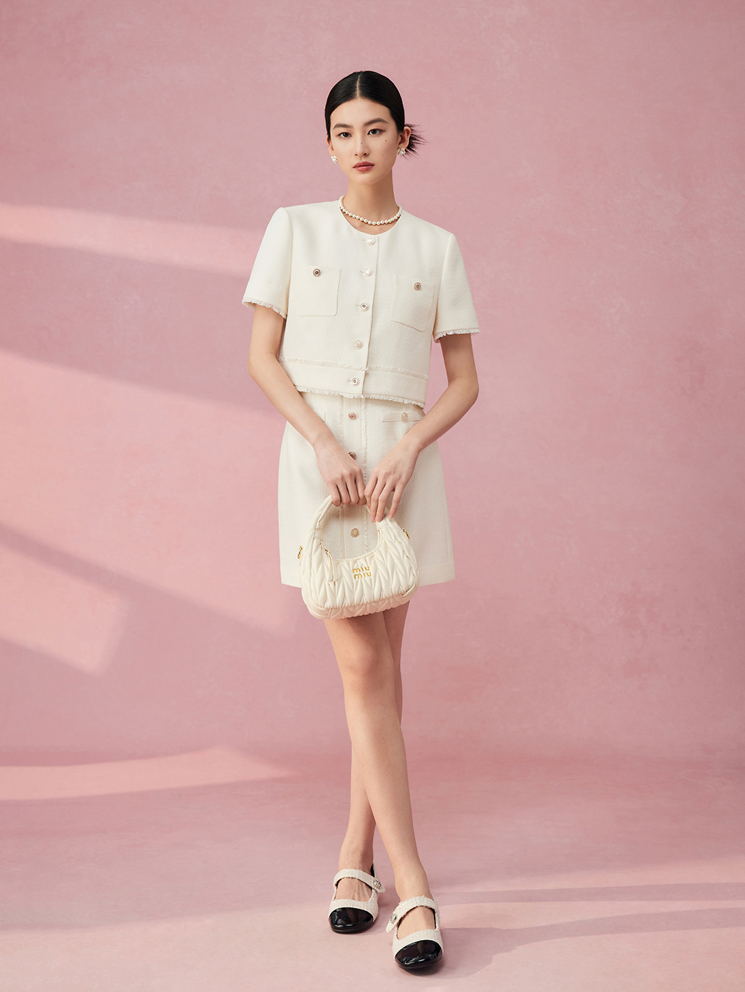 버튼 프릴 트위드 반팔 숏재킷 미니스커트 셋업