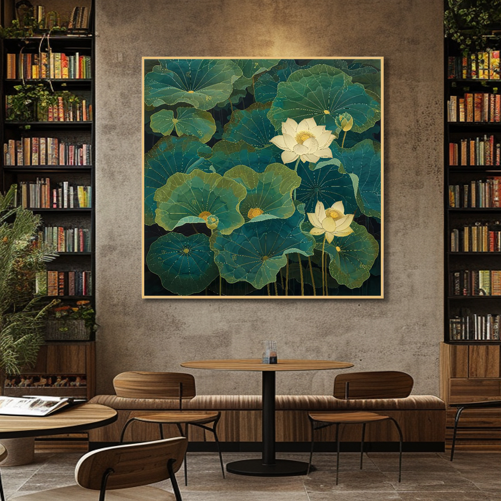 황금빛 연꽃 80x80cm 무광골드 알루미늄액자 연꽃그림 - 상세 이미지 3