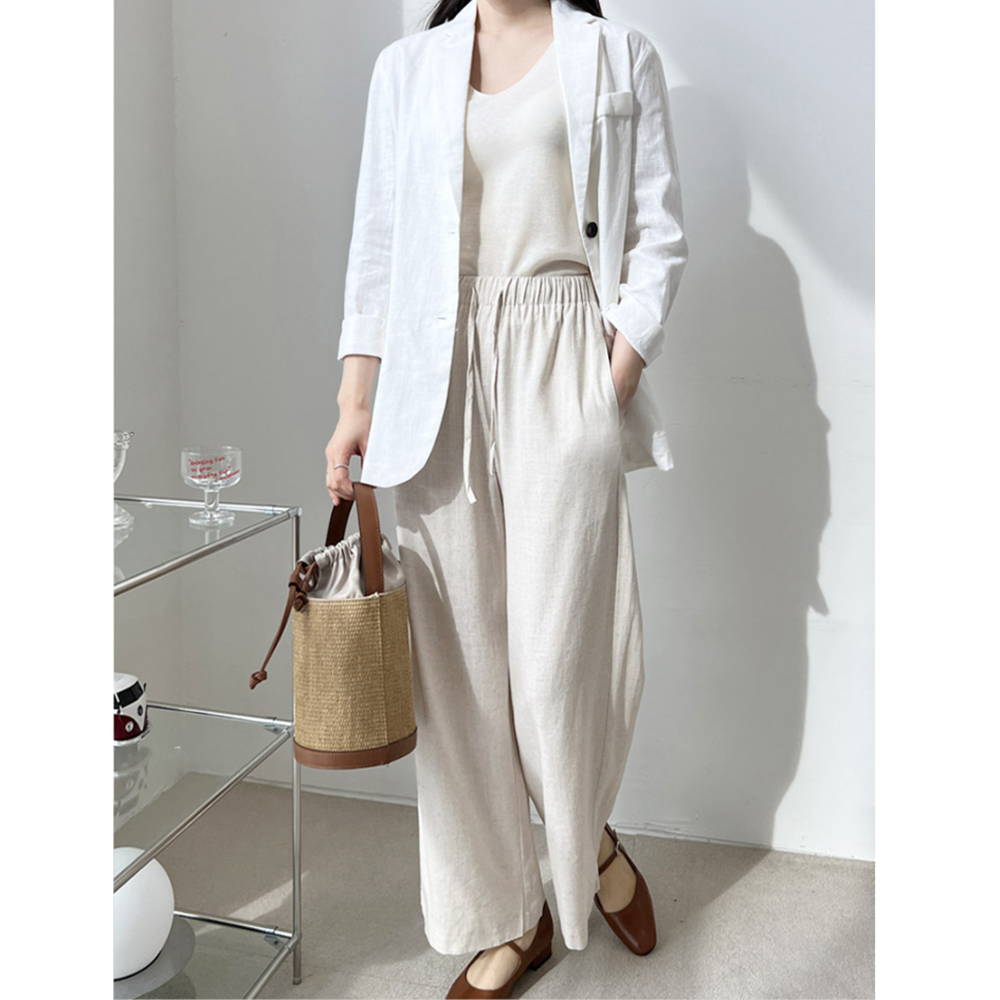 베이지색바지 여성 여름 마 린넨 일자 통 와이드 밴딩팬츠 - 상세 이미지 3